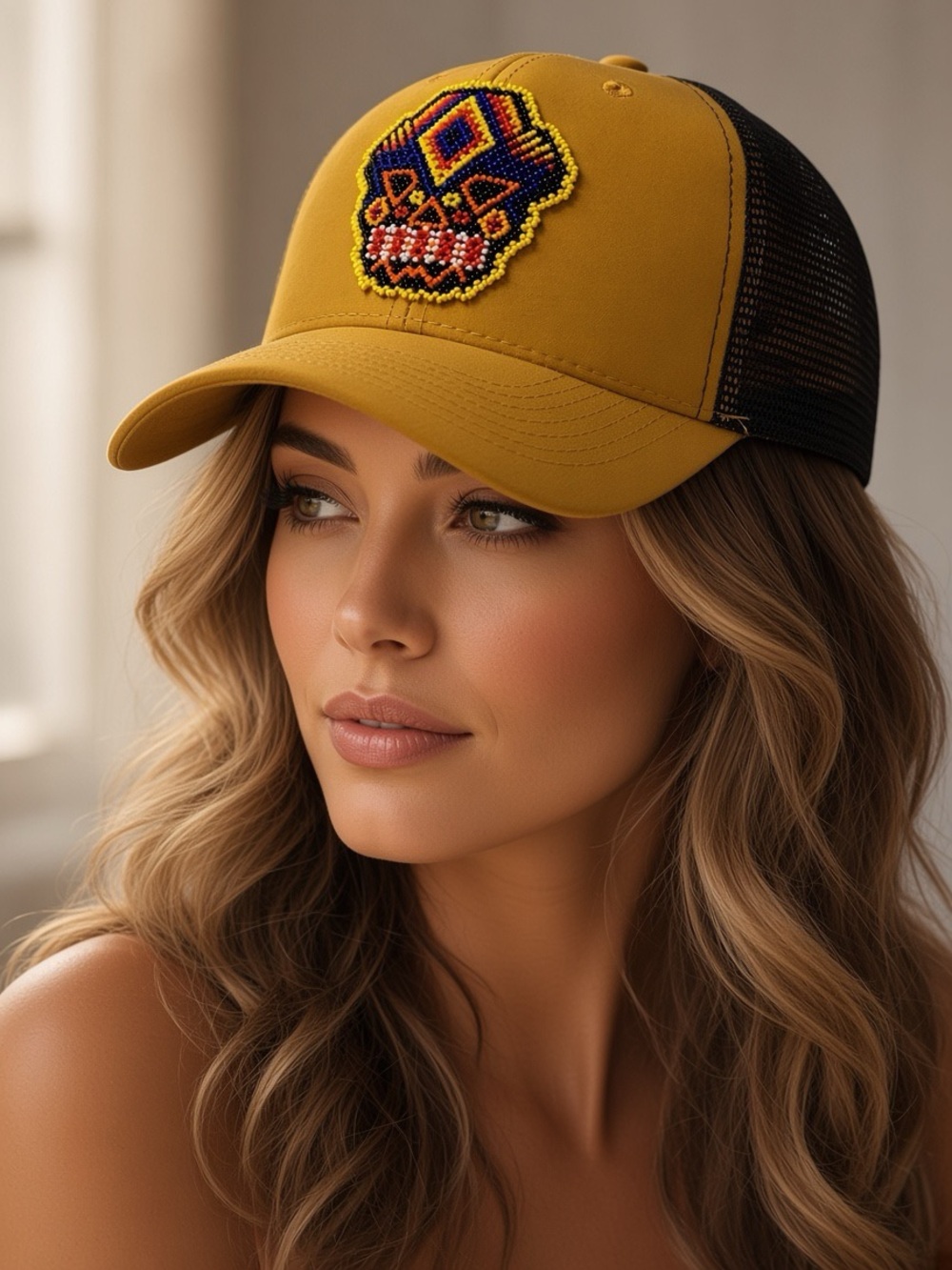 Mustard Yellow Mesh-Back Trucker Hat with Embroidered Skull Patch